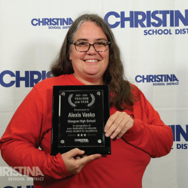 Photo of Alexis Vasko Glasgow HS 2025-2026 Teacher of the Year holding plaque
